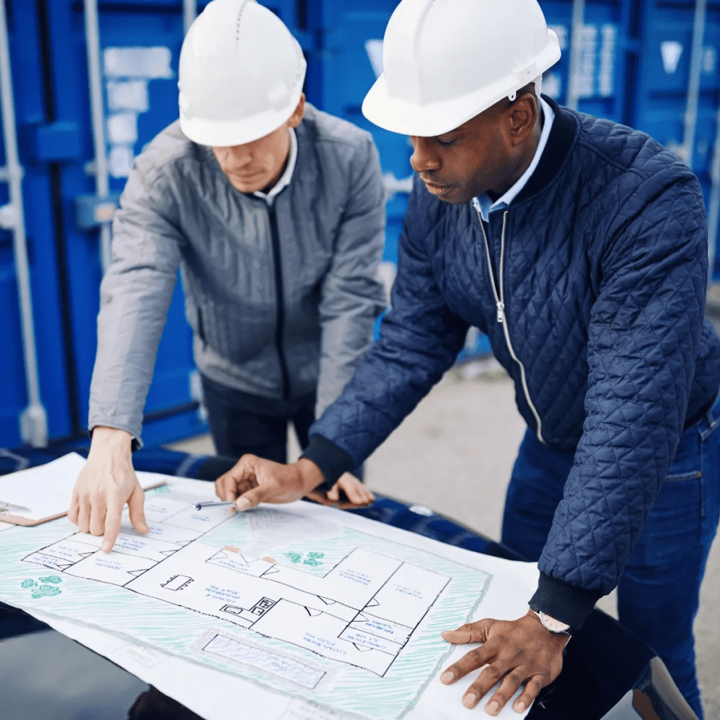 Deux ingénieurs en bâtiment, portant des casques de sécurité, étudient et discutent des plans architecturaux étalés sur une table. Le sérieux et la concentration reflètent l'importance de leur travail de planification et de conception dans un environnement de chantier.