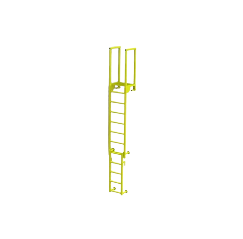 Échelle d'accès industrielle jaune avec des échelons et des points d'ancrage, conçue pour être fixée de manière permanente à des structures pour un accès sécurisé en hauteur.