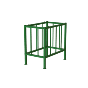 Cage de sécurité verte en métal avec des barreaux verticaux, conçue pour protéger le matériel et les marchandises dans des zones industrielles ou de construction, tout en permettant la visibilité et l'aération.
