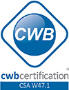 Logo de la CWB Certification avec la mention CSA W47.1. Le logo est composé d'un losange bleu avec des bordures blanches et le texte 'CWB' en grandes lettres blanches au centre. Sous le losange, le texte 'cwbcertification' en minuscules est suivi de 'CSA W47.1' en petites lettres noires.